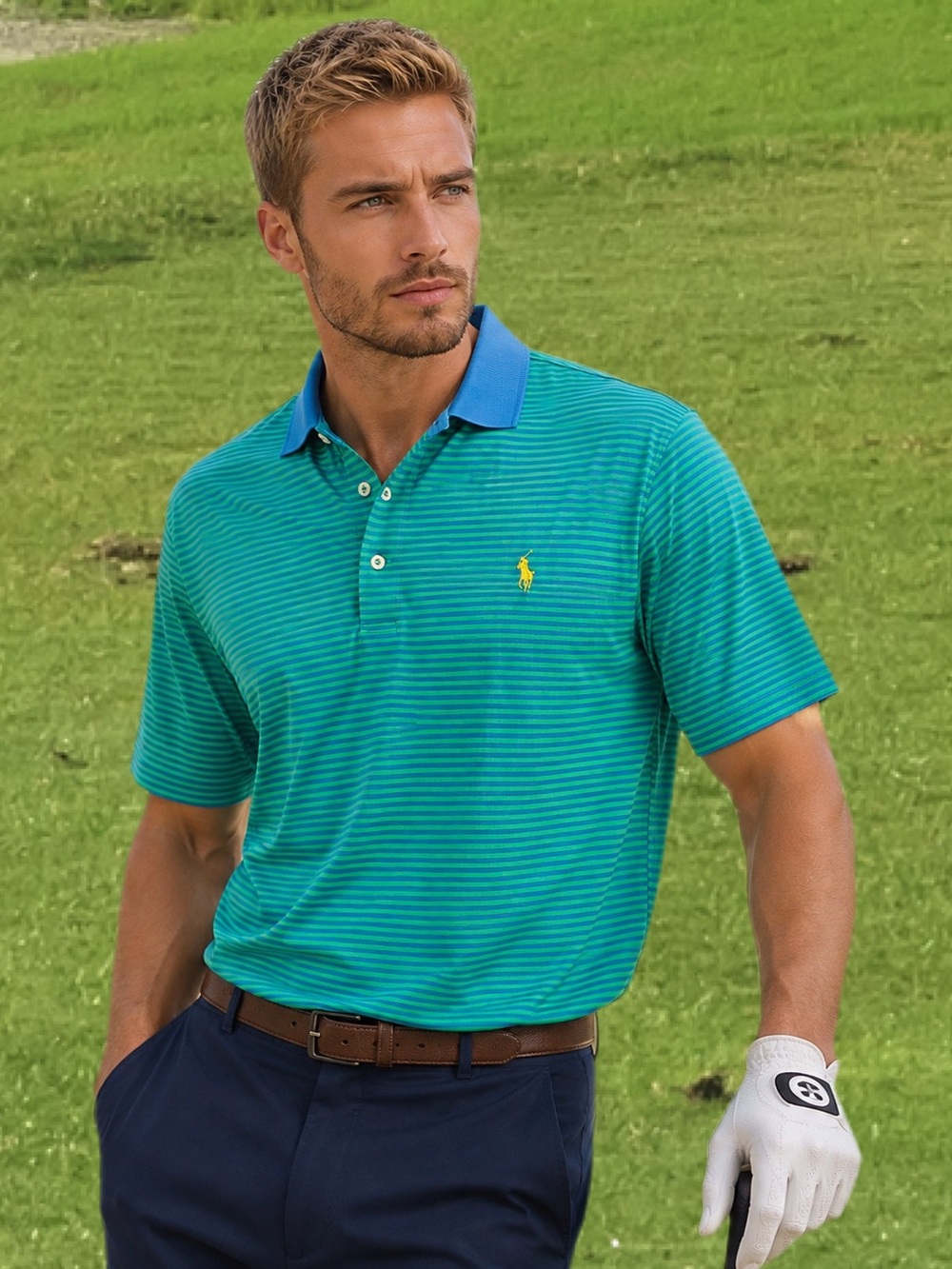 Polo Ralph Lauren Performance Polo Men XXL Classic Fit Blue Green Stripe Golf